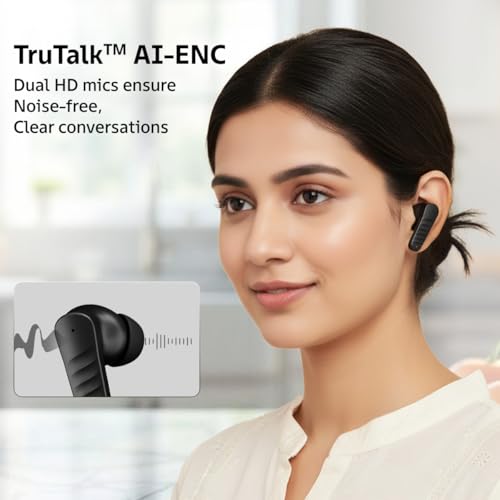 Image of pTron Bassbuds NEO TWS Earbuds w / 13mm Drivers, 45Hrs Playtime, Dual HD Mic & AI-ENC Calls, Custom EQ, Mobile App, Bluetooth V5.4 Earphones, Voice Assistant, Type C Fast Charging & IPX5 (Raven Black)