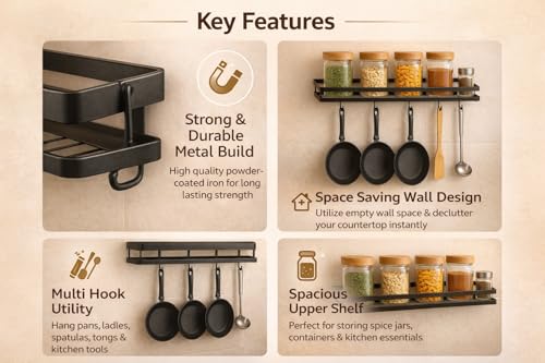 Image of Wall Mounted Spice Rack Organizer 1 piece Pack,Hanging Spice Seasoning Rack Shelf Holder Organizer Storage for Kitchen Cabinet Pantry (Modern) with 5 hook