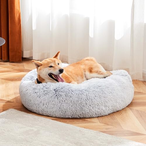 Image of NEWBULIG 37.4x37.4 Inch Dog Couch Bed, Round Shape Large Sized Donut Beds for Indoor Dogs and Cats with Removable Cover, Anti-Slip, Cozy Fluffy Sofa, Grey
