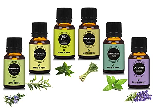 Image of Earth N Pure Essential Oil Pack of 6 (Rosemary, Eucalyptus, Tea Tree, Lemongrass, Peppermint & Lavender) 15 ml each.