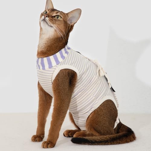 術後服 猫用 ペット術後ウェア 介護服 皮膚保護 不妊手術 傷口保護 避妊 傷舐め 引っ掻き防止 手術用 雌雄両性兼用 (スミレ, L)