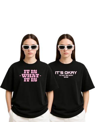 Image of Women's Oversized Cotton Blend Graphic T-Shirt Combo (Pack of 2) | Baggy Fit, Drop Shoulder, Half Sleeves | Sizes S to 2XL