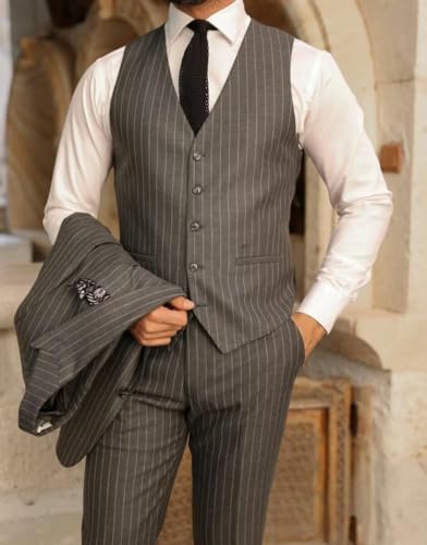 Mens Stripe Suit 3 Piece Slim Fit Business Halloween Christmas Prom Wedding Party Blazer Vest Pants Set3