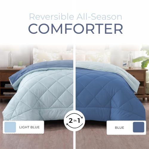 Image of King Size Comforter for Double Bed, 220 GSM Soft Microfiber AC Blanket, All Season Lightweight Reversible Bed Quilt, Premium Bedding, 90 x 100 Inch, Blue-Light Blue
