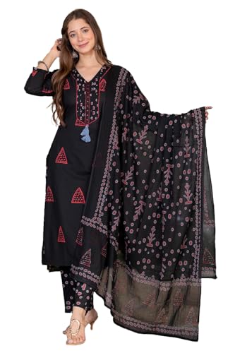 Image of PARTHVI Women's Pure Cotton Printed Straight Kurta Set with Palazzo Pants & Dupatta- Ethnic Wear, Black