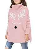 Haloumoning Girls Christmas Sweater Kids Oversized Turtleneck Cute Reindeer Sweaters with Side Slit Pink
