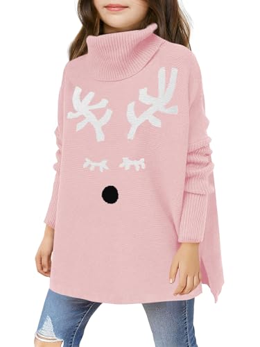 Image of Haloumoning Girls Christmas Sweater Kids Oversized Turtleneck Cute Reindeer Sweaters with Side Slit