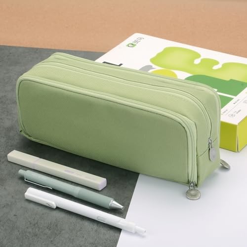 Image of Large Capacity Special Aesthetic Pencil Case Organizer with 3 Compartments, Big Preppy School Pencil Pouch Bag for Girls Women Adults, Pencil Holder Pen Pouch Cases (Green)