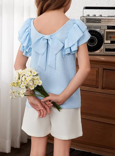 Girls Shirts Summer Cute Double Ruffle Short Sleeve Tie Back Bow Tee Tops 6-15 Years4