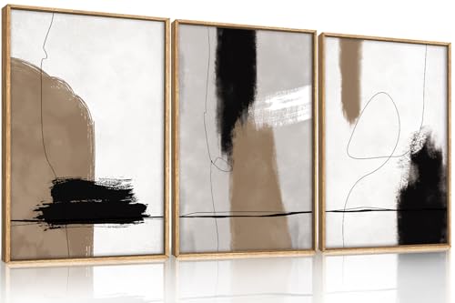 Image of KAIRNE Abstract Neutral Framed Canvas Wall Art Set,Abstract Black Brown Wall Decor,Modern Color Blocks Art Prints,Minimalist Brush Strokes Artwork for Living Room,Bedroom,Farmhouse,Office-16 x24 x3