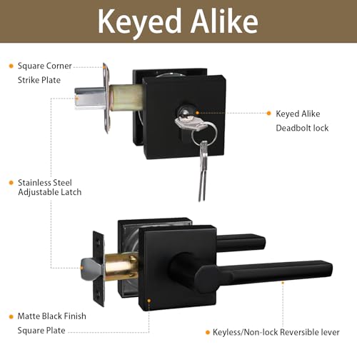 Image of NEWBANG Keyed Deadbolt Lock with Passage Lever Handle for Exterior Entrance in Matte Black, Heavy Duty and Reversible, HD1601-DB-DT-PS-SET-3P
