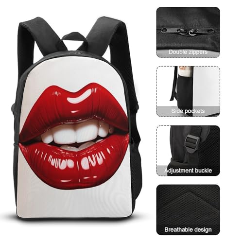 17-inch Backpack,Crossbody Lunch Bag,and Cosmetic Bags Suitable for Travel,business,casual,universal Cute Graphic Red Lips Print Travel Backpacks for Men And Women3