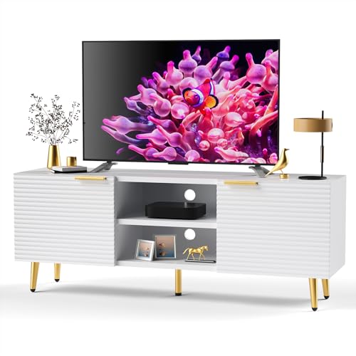 Betterhood TV Stand for 55 Inch TVs Modern TV Console for Living Room Bedroom TV Media Stand with Adjustable Shelf Wood Entertainment Center with Storage Cabinets (White and Gold Fluted Pattern)