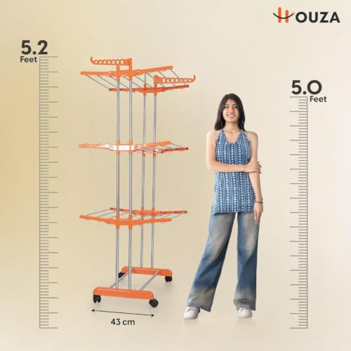 Image of HOUZA Stainless Steel Clothes Drying Stand | 3 Layer Foldable Cloth Dryer Stand with Wheels | 6 Foldable Wings - Orange