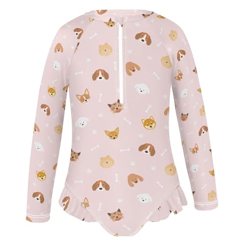 Girls Swimsuit Cute Dog Paw Bone Pink Long Sleeve One Piece Bathing Suit for Kids UPF 50+ Rash Guard Swimwear 3-122