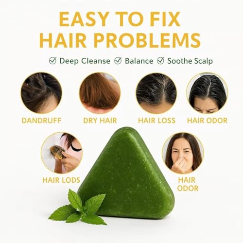 Image of Nature Herbal Seven Green Triangle Shampoo Bar Soap with multyfunction, Oil Control, Dandruff Removal, Smoothening, Platycladus Usman Grass Hair Care 100g (Pack Of 1)