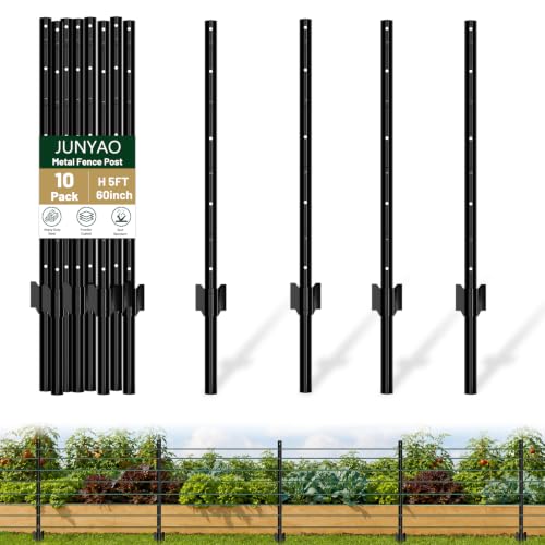 JUNYAO 5-foot black metal U-posts with reinforced anchor plates, ready to drive into soil — the upgrade path for wire or mesh you supply