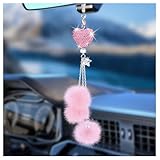 Bling Car Hanging Ornament, Bling Car Mirror Accessories for Women, Diamond Heart and Fuzzy Plush Ball, Car Accessories Hanging, Rear View Mirror Hanging Charm Pendant (Pink Heart, Pink Fluff)
