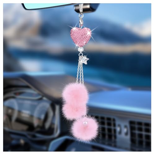 Bling Car Hanging Ornament, Bling Car Mirror Accessories for Women, Diamond Heart and Fuzzy Plush Ball, Rear View Mirror Hanging Charm Pendant, Lucky Hanging Accessories (Pink Heart, Pink Fluff)