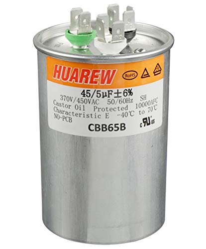 HUAREW 45+5 uF ±6% 45 5 MFD 370 450 VAC CBB65 Dual Run Start Round Capacitor for Condenser Straight Cool or Heat Pump Air Conditioner or AC Motor and Fan Starting