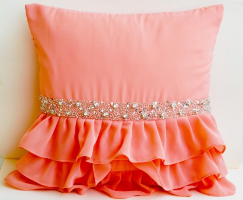 Amore Beaute Handcrafted Peach Ruffled Decorative Pillow Covers with Sequins - Peach Cushion Covers - Gift Pillows Covers- Decorative Pillow Covers - Sequin Cushion Covers - Peach Pillow Covers - Embroided Pillow Covers - Couch Pillow Covers (18x18)