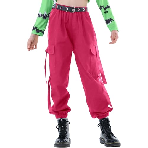 Image of Rolanko Girls Cargo Pants for Kids Loose Streetwear Hip Hop Dance Cotton Cargo Jogger Pants for Kids 4-15 Years