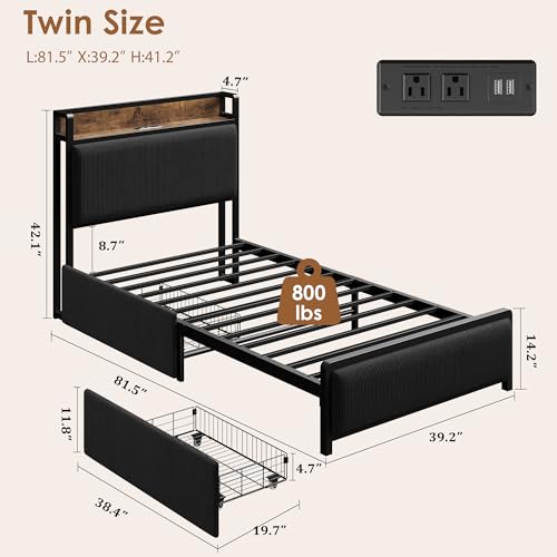Image of GAOMON Twin Size Bed Frame with 2 Storage Drawers and Charging Station, Rustic Velvet Upholstered Platform Bedframe with Storage Headboard, No Box Spring Needed, Easy Assembly, Noise Free, Black