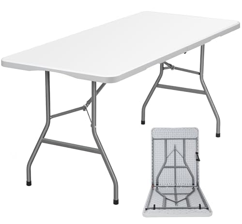 Lakhow Folding Table 6ft Heavy Duty Portable Table Indoor Outdoor with Parties, Camping & BBQs, Folds in Half for Easy Storage, No Assembly Required, White
