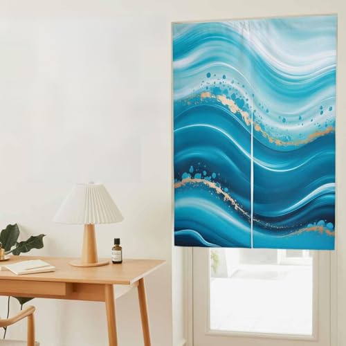 のれん 遮光 おしゃれ 暖簾カーテン 幅85x丈90cm 間仕切り 仕切り 目隠し 防寒 防音 厚手 和風 波模様 アブストラクト モダン 水色 玄関 キッチ リビング 出入り口 グッズ 寝室 春夏秋冬