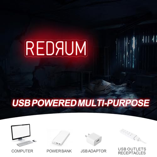 Image of Redrum Neon Sign Horror LED Wall Light Creepy Gothic Room Decor | Halloween LED Light Man Cave Decor USB Powered Dimmable Spooky Bar Sign Chilling Room Decoration 15.7 inchx4.9 inch