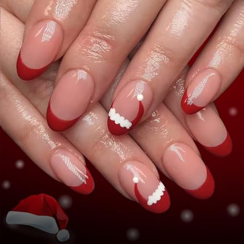 Nymora 24 Uñas Postizas Autoadhesivas Cortas y Brillantes de Navidad, Diseños de Santa Claus Rojos, Set de Uñas Artificiales de Invierno - Uñas Postizas Autoadhesivas de Navidad