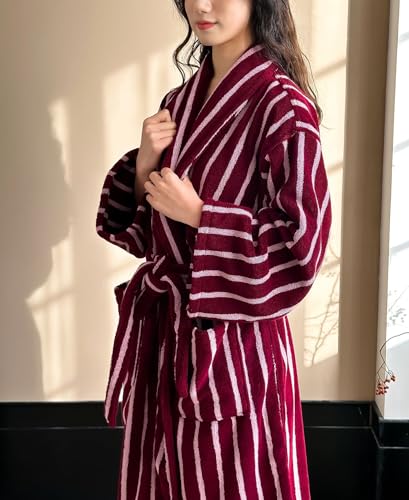 Couples Luxury 100% cotton Terry Cloth Robe，stripe Plush & Absorbent Shawl Collar Long Kimono Robe Spa Bathrobe2