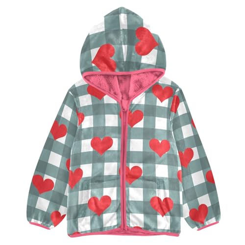 OTVEE Valentine Red Hearts Plaid Kids Hoodie Jacket Fall Spring Full Zip Warm Outwear Coat