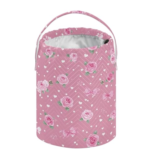 Image of ElliTarr Crochet Bag Yarn Bag with Handle Portable Knitting Project Bag Travel Yarn Storage Organizer Holder Case Pink Valentine Heart Roses Bows