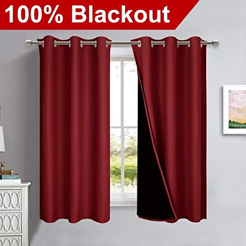Image of NICETOWN 100% Blackout Curtains 45 inches Long, Burgundy Red, 1 Pair, 42 inches Width Each Panel, 2 Thick Layers Completely Blackout Window Treatment Thermal Insulated Lined Drapes for Small Window