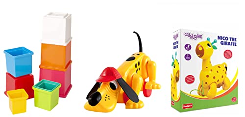 Image of Giggles Nico The Giraffe Pull Along Toy Head Bobs Tail Wags Walking & Funskool Plastic Stacking Multicolored Cubes& Funskool Digger The Dog Pull Along Toy