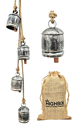 HIGHBIX Harmony 4 Cow Bells Cluster on Rope Large Rustic Vintage Lucky Cow Bells On Rope Wall Hanging Décor (Silver)