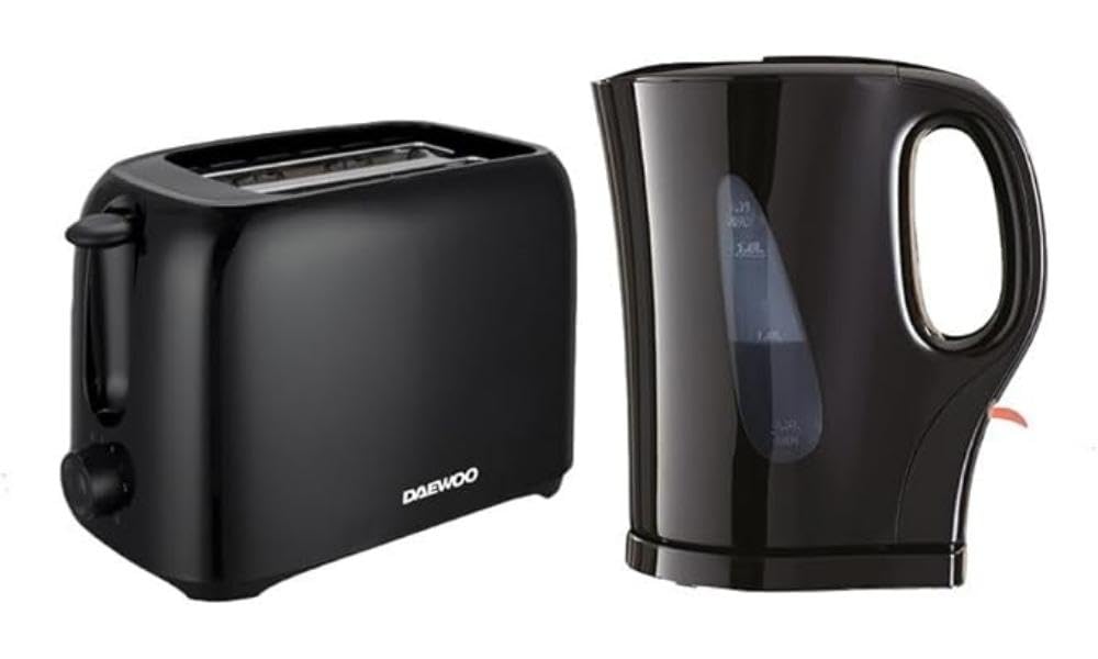 Daewoo Essentials Plastic 1.7 Litre Kettle And 2 Slice Toaster Set Black, Breakfast Combo, Fill Roughly 7 Cups In One Boil, Visible Water Window And Variable Browning Controls, Clean Simple Design — image 1