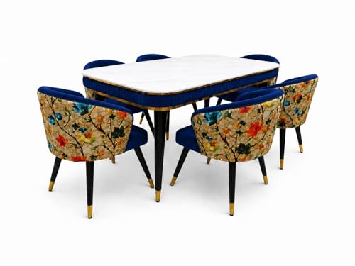 Image of WOODEN SPACE 6-Seater Wooden Dining Table Set | Nano Composite Marble Top | Solid Wood Base | Modern Dining Room Furniture with 6 Chairs (Navy Blue Printed)