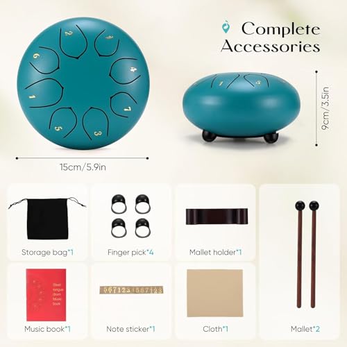 Image of Bawy Steel Tongue Drum 8 notes 6 inch | Handpan Drum | percussion instruments | Musical Instrument for Meditation, Yoga & Kids | Easy to Play | Includes Drumsticks, Carry Bag & Music Book. (Blue)