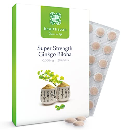 Healthspan Ginkgo Biloba 10.000 mg | 120 Tabletten | Jod und Vitamin B5 | Reduziert Müdigkeit | Stärkt die kognitive Funktion & geistige Leistungsfähigkeit | Reiche Quelle von Flavonglykosiden | Vegan Cover