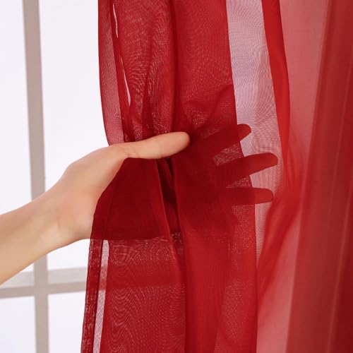 MIULEE Christmas 2 Panels Solid Color Red Sheer Curtains 84 Inch Length Set Elegant Grommet Light Filtering Window Voile Panels/Drapes/Treatment for Bedroom Living Room W54 x L84 Inch, Haute Red — view 4