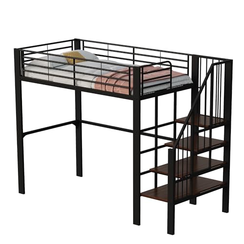Cama alta con escalera y estante, construcción de metal resistente, con mucho espacio de almacenamiento debajo de la cama y escalera, ideal para niños y adultos, cama individual, litera (negro, 90 x