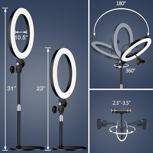 Ringlicht mit Stativ,Ring Light Tisch Selfie Licht Ringleuchte Lichtring,10.5 Zoll 3 Lichtfarben LED Ring Licht Handy stativ mit licht für Videokonferenz (10.5Zoll-Schwarz) 5