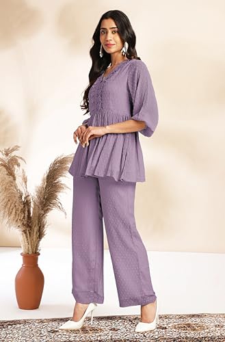 Image of Janasya Women's Dobby Chiffon Woven Design Co-Ord Set
