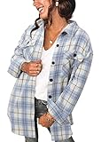 Women's Flannel Plaid Long Sleeve Shirts Casual Plus Size Shacket Jacket Gingham Casual Tops Light Blue 3XL