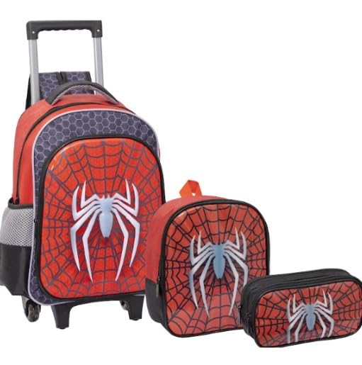 Kit Mochila Costas Rodinha Infantil Lancheira Estojo Escolar Passeio Masculina Homem Aranha (KIT PRETO)