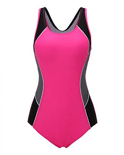 ReliBeauty Womens Color Block One Piece Bathing Suit (6-8, Rose Red)
