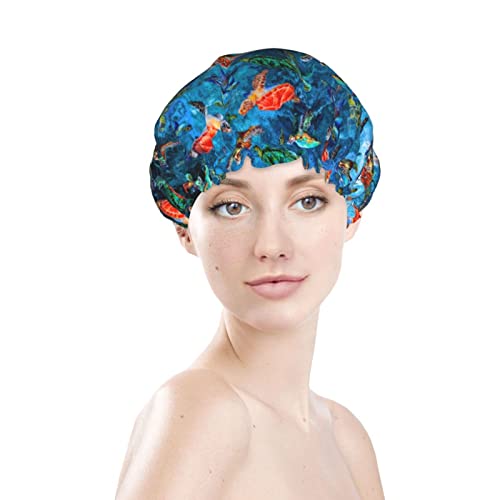 Image of Sea Turtle Shower Cap For Women Adjustable Double Waterproof Layers Bathing Bath Cap Hair Protection Reusable Ladies Spa Salon Shower Hat