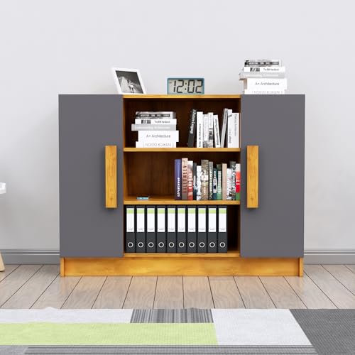 Image of Bniture Storage Cabinet Wooden Sideboard for Living Room with 3 Shelf and 2 Door Multipurpose Book Shelf Storage Organizer Cabinet for Office Home Hallway Drawing Room Bedroom |Giant Wood & Slate Grey
